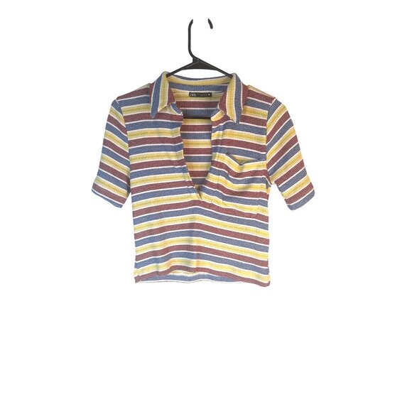 2/$25 ZARA Striped Medium Vintage Ribbed Knit V Neckline Polo Shirt - Picture 11 of 12